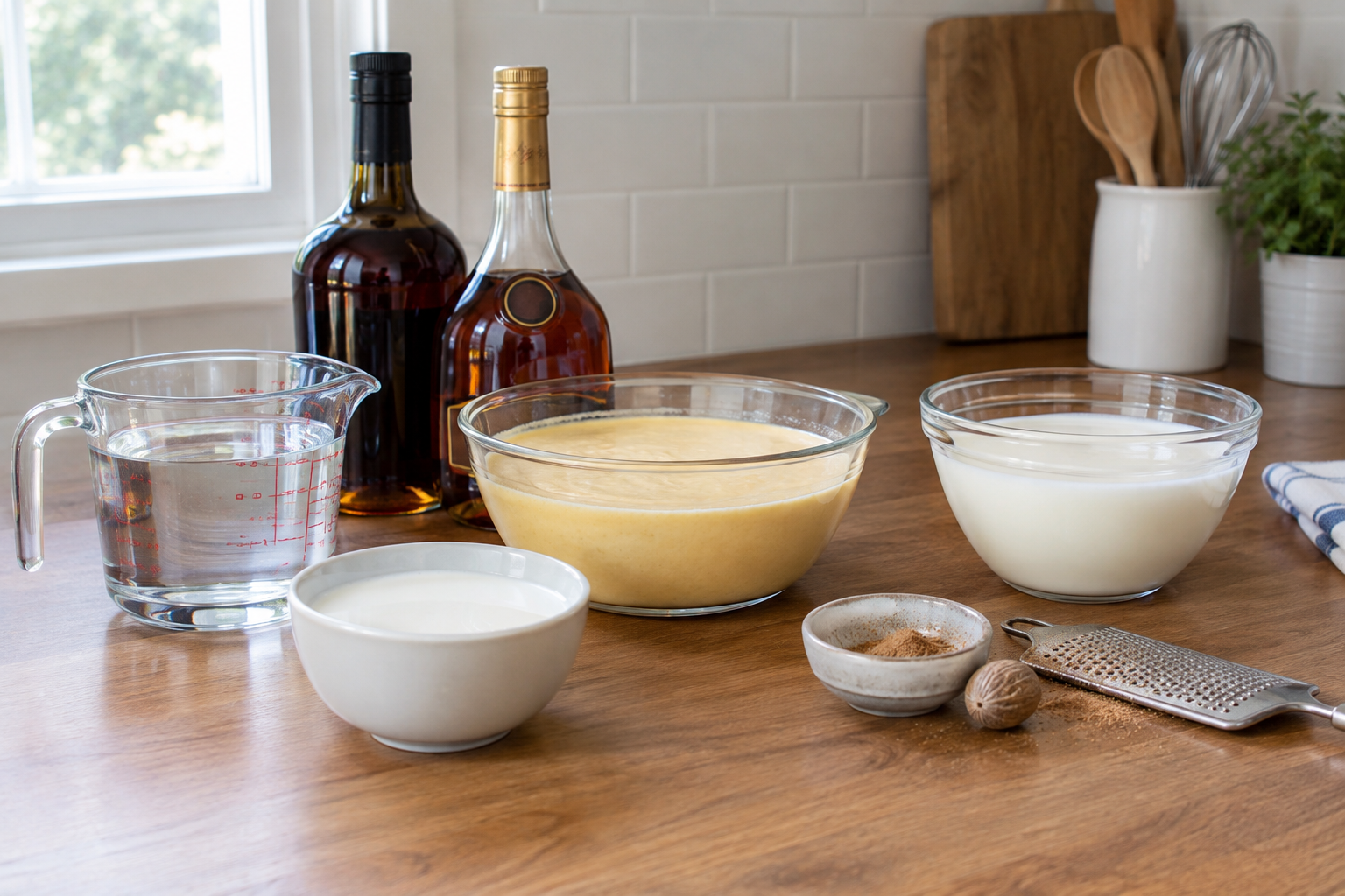 ingredients for tom and jerry drink measured out on a counter: dark rum, cognac, egg batter, milk, and whole nutmeg