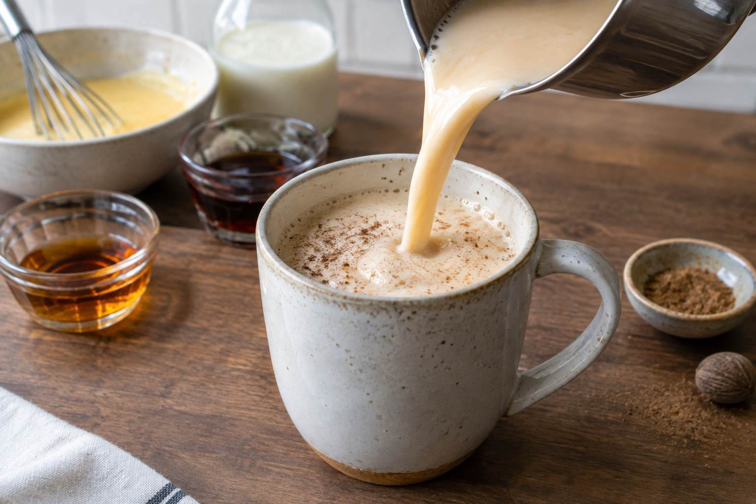 hot milk being poured into a mug containing tom and jerry batter and spirits