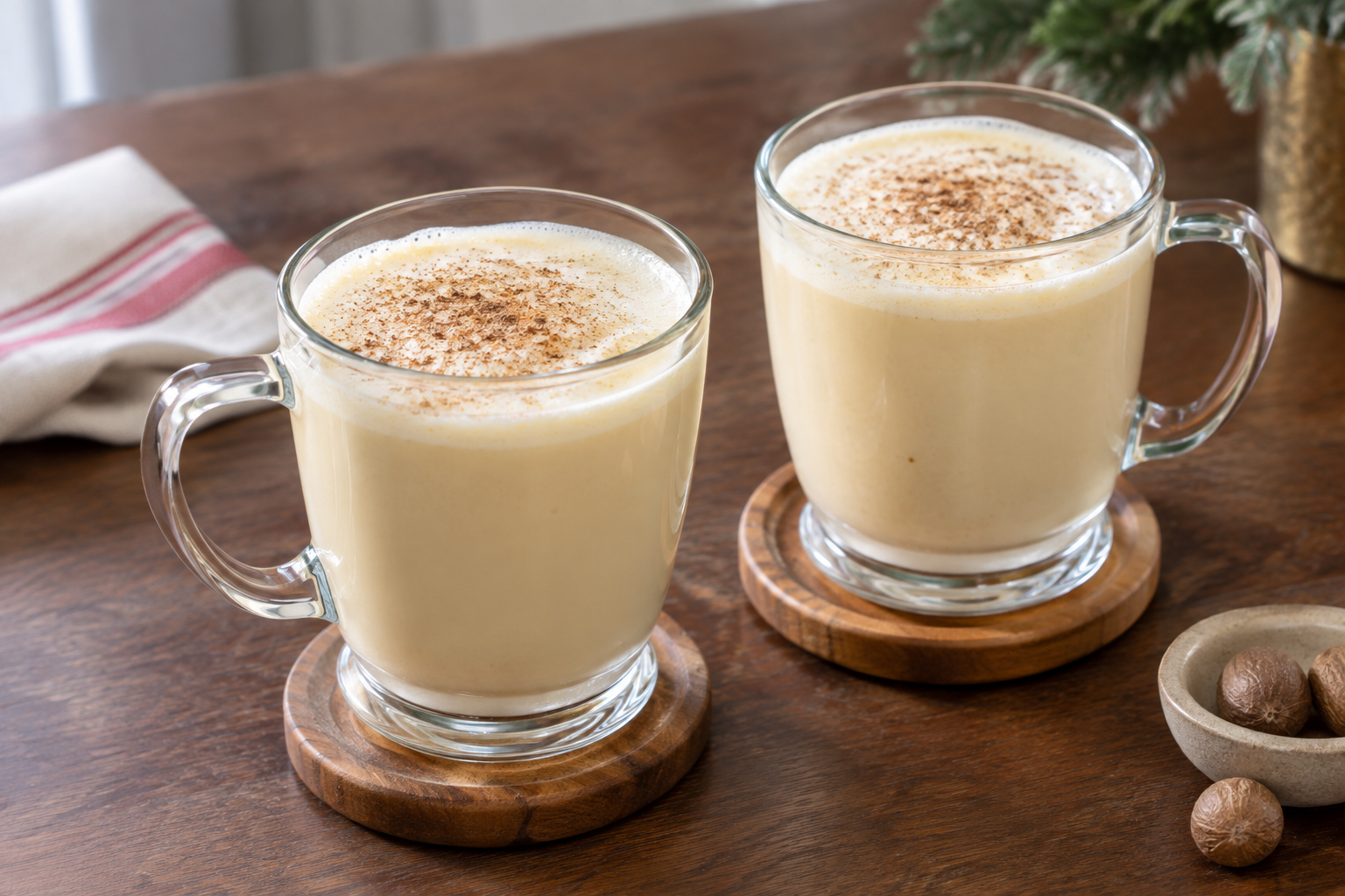 two tom and jerry drinks in white ceramic mugs with nutmeg garnish on a table