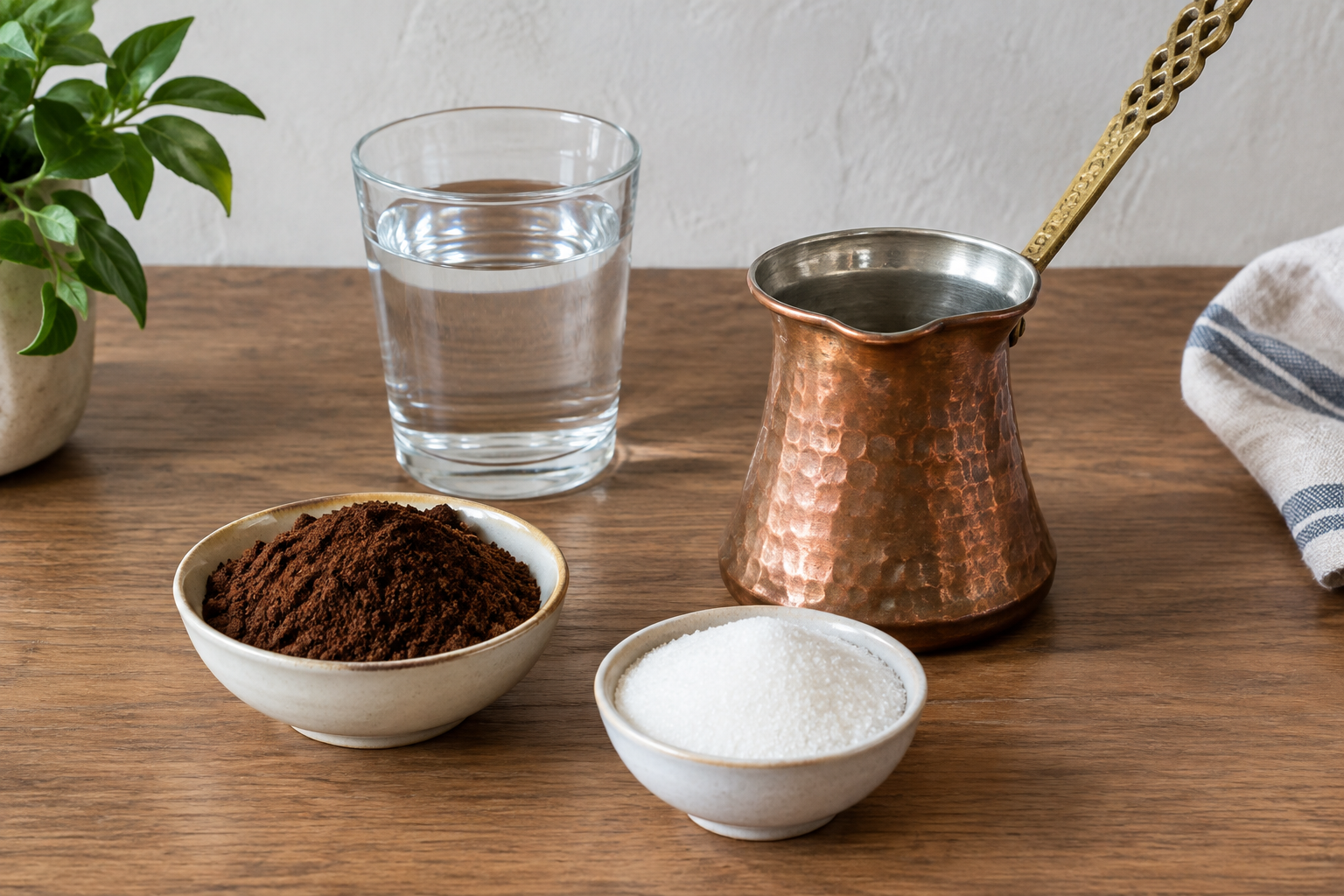 Cold filtered water, finely ground Turkish coffee, and granulated sugar measured in small bowls on a counter
