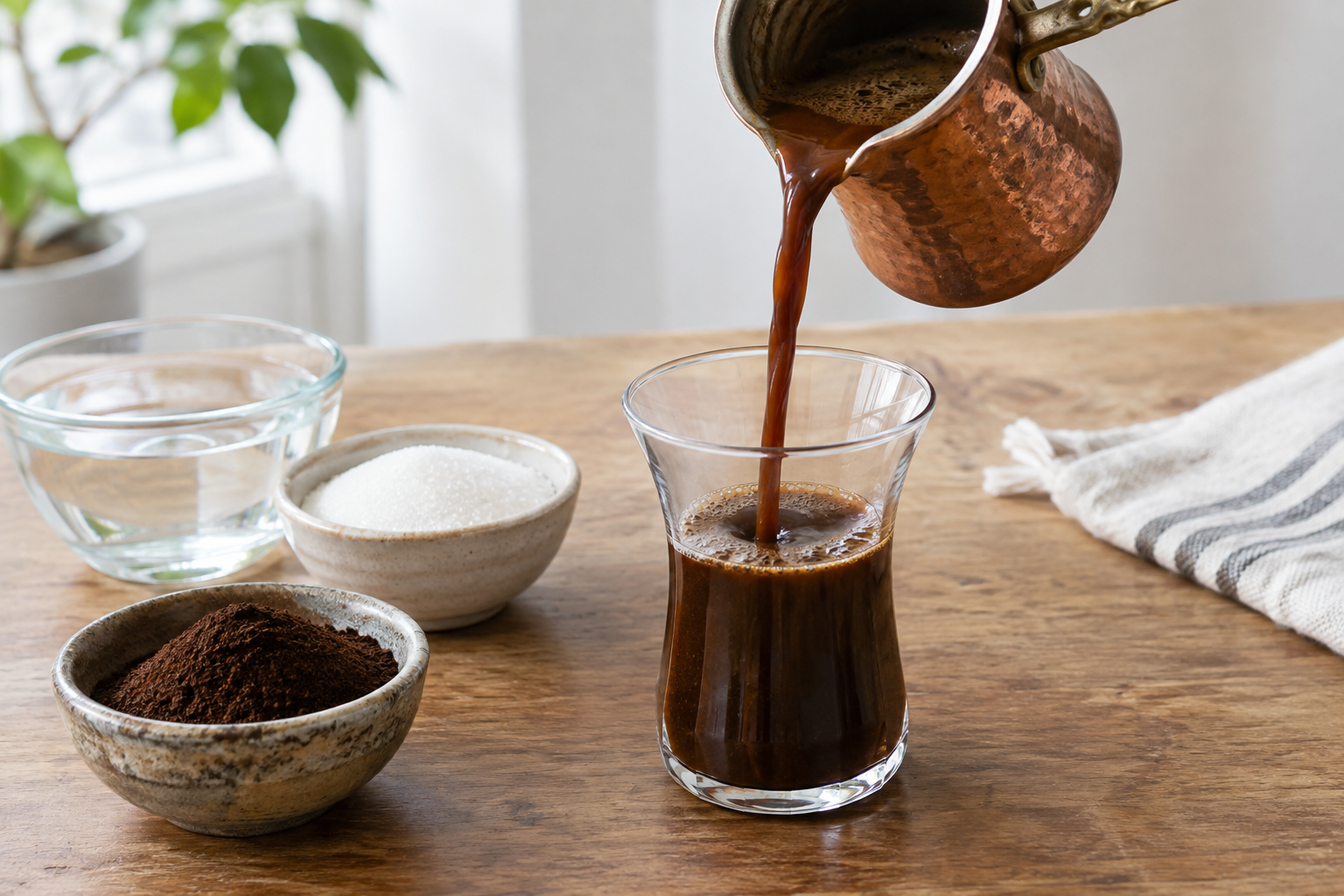 Turkish coffee being poured from a copper cezve into a small glass cup, foam visible