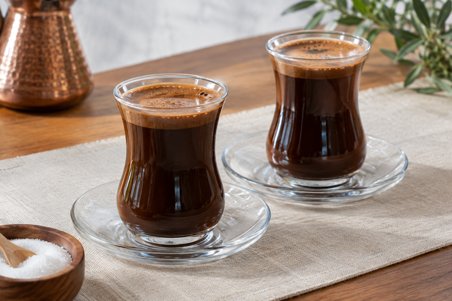 Two servings of Turkish coffee in glass cups with foam on top, served with water glasses and Turkish delight