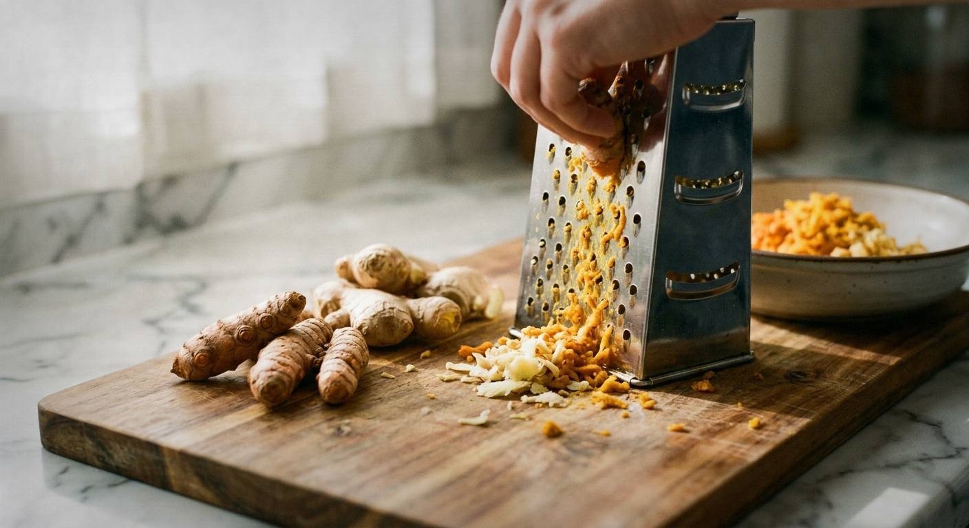 Fresh turmeric root and ginger root on wooden cutting board with whole black peppercorns and honey jar for anti-inflammatory turmeric drink recipe