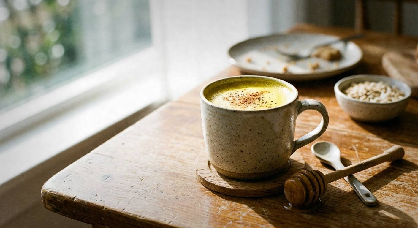 Golden turmeric anti-inflammatory tonic in clear glass mug with lemon slice and cinnamon stick garnish on rustic wooden table