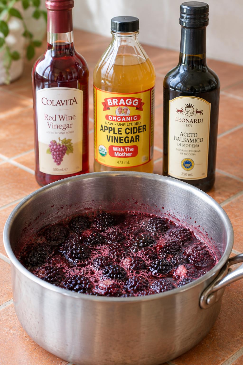 blackberries simmering in sugar syrup in a saucepan beside bottles of red wine vinegar and balsamic