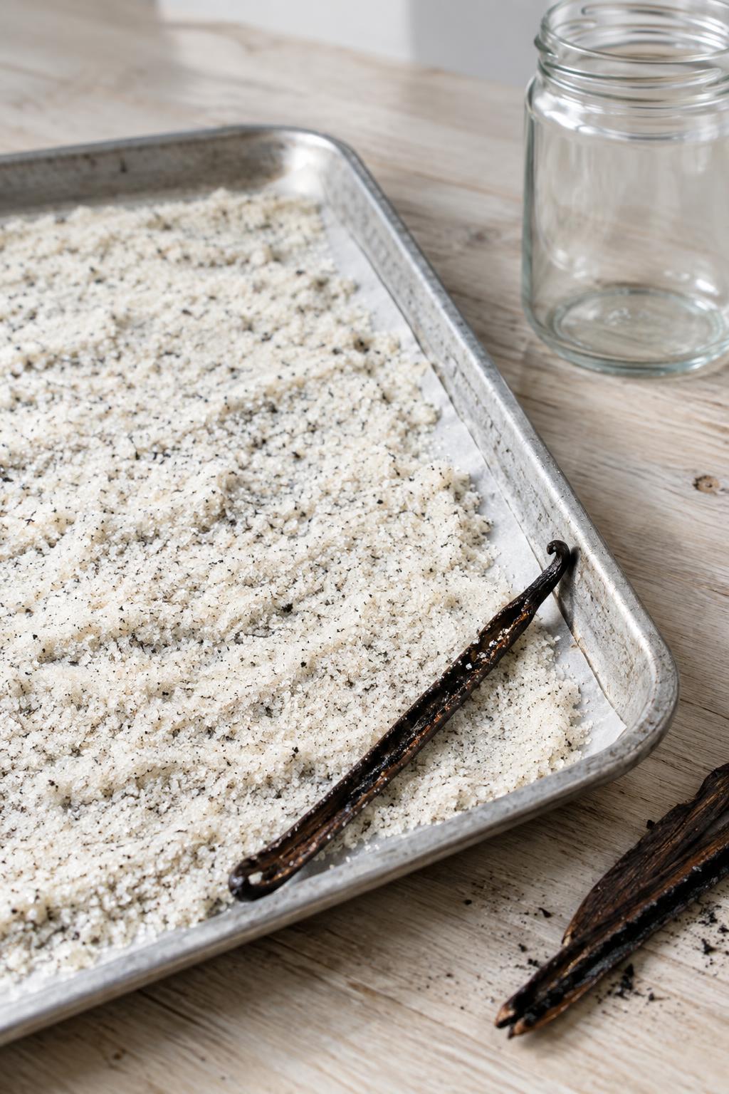 vanilla bean sugar drying on a baking sheet beside a split vanilla pod