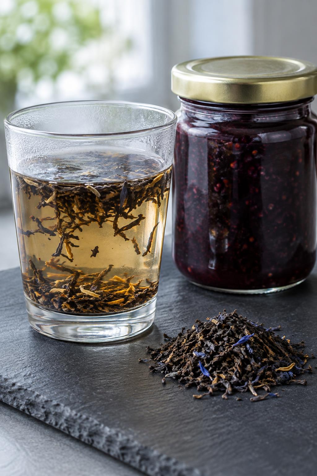 loose leaf earl grey steeping in a small glass of hot water beside a jar of dark blackberry shrub