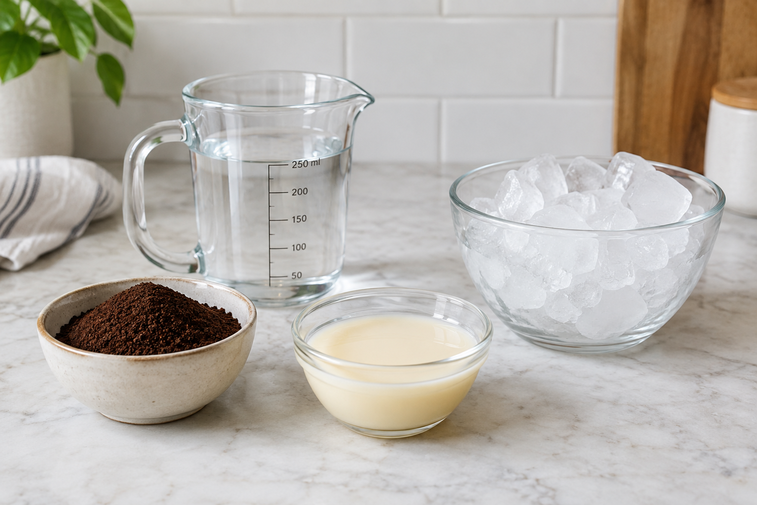 Measured ingredients for vietnamese iced coffee including ground robusta coffee, condensed milk, and ice