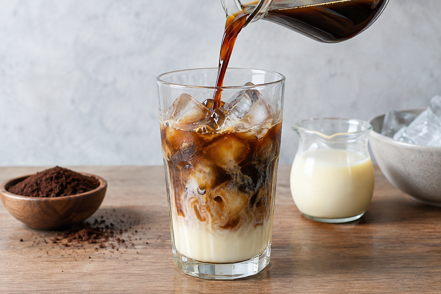 Dark coffee dripping from phin filter into glass with condensed milk