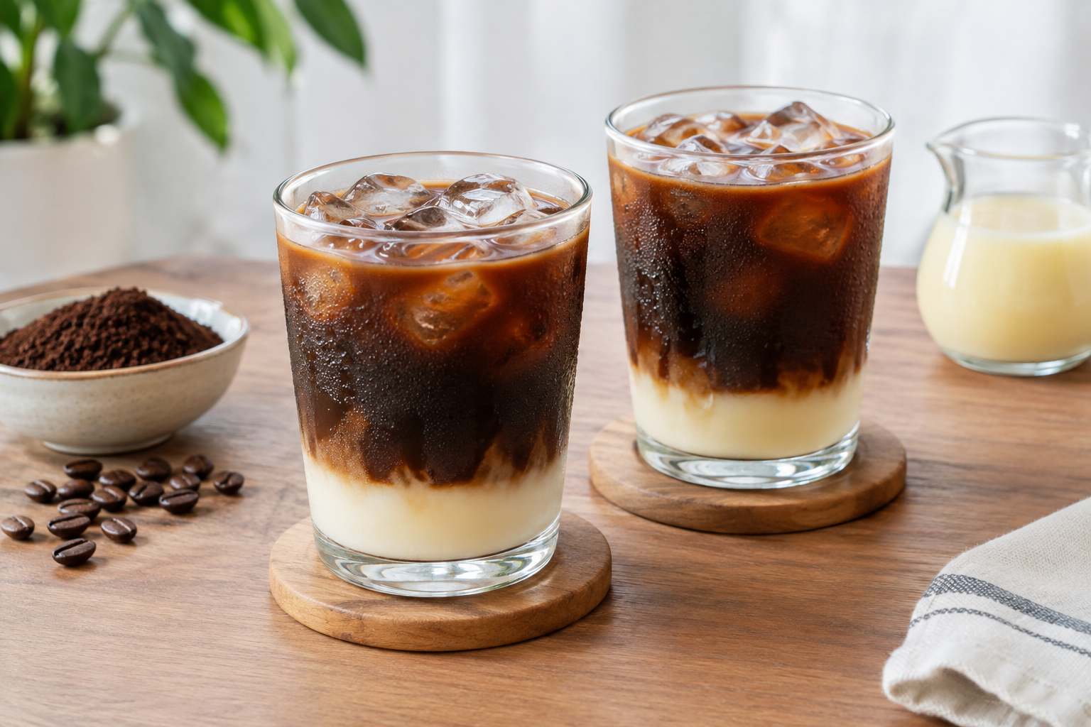 Two glasses of finished vietnamese iced coffee on table