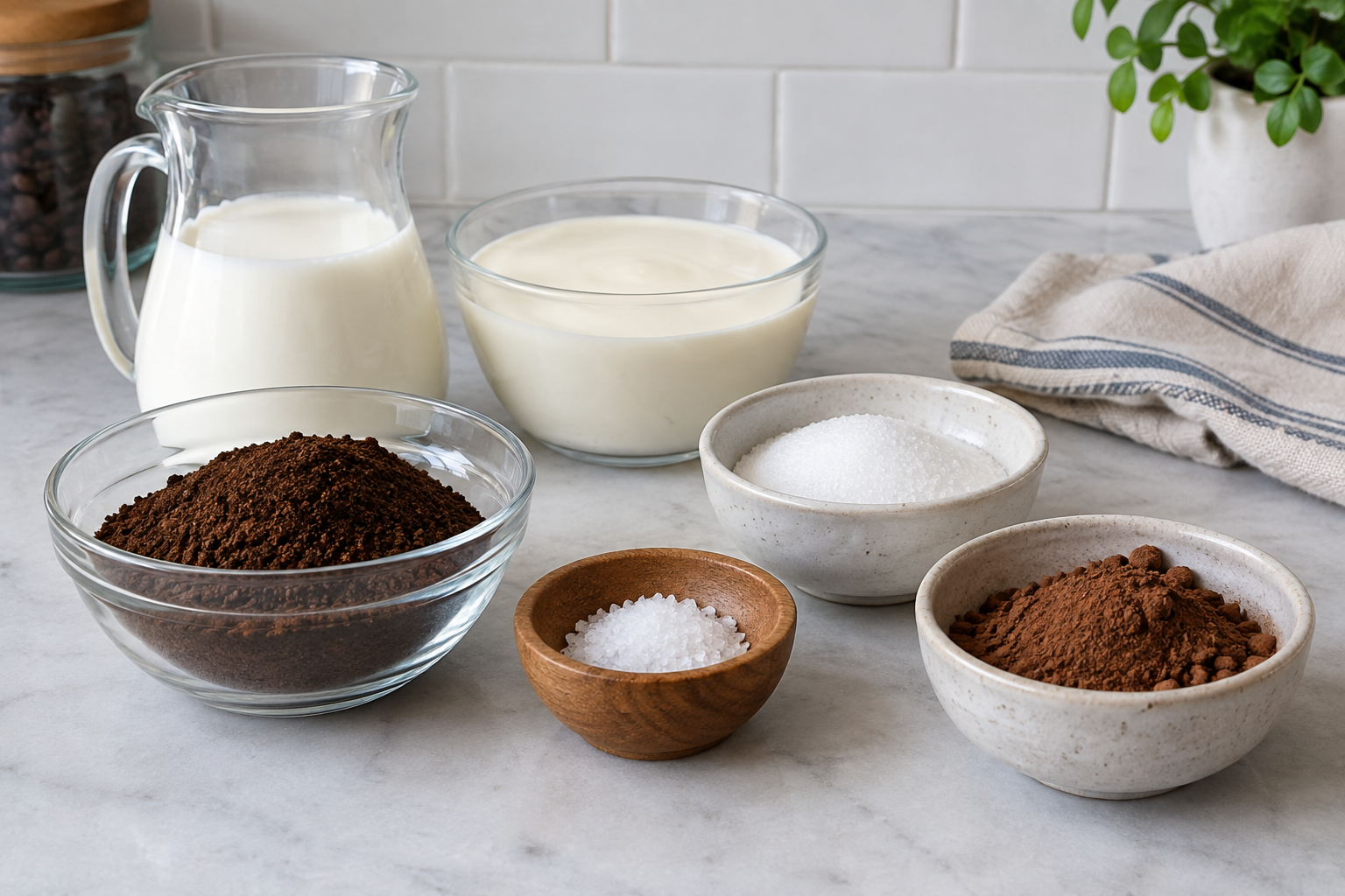 ingredients for vietnamese salt coffee laid out: heavy cream, sugar, kosher salt, milk, coffee, and cocoa powder