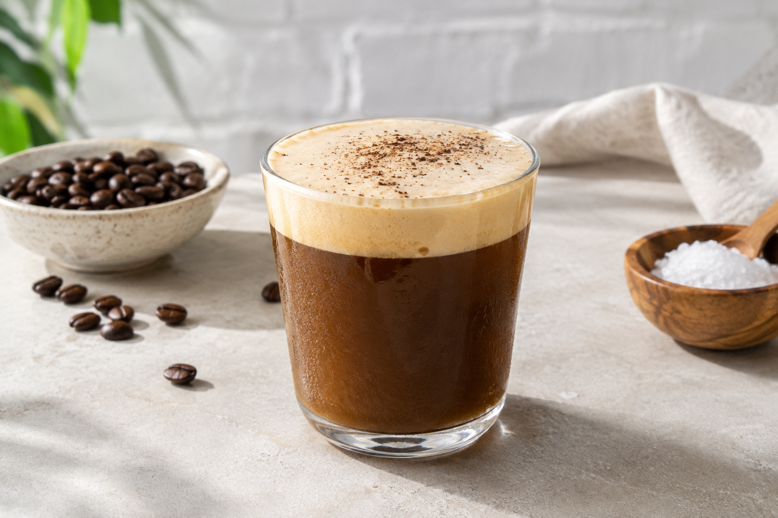 pouring cold coffee over ice and milk in a glass, salted cream waiting to be added on top