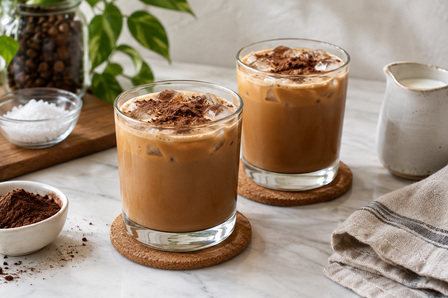 two glasses of finished vietnamese salt coffee with salted cream and cocoa powder, styled on a table