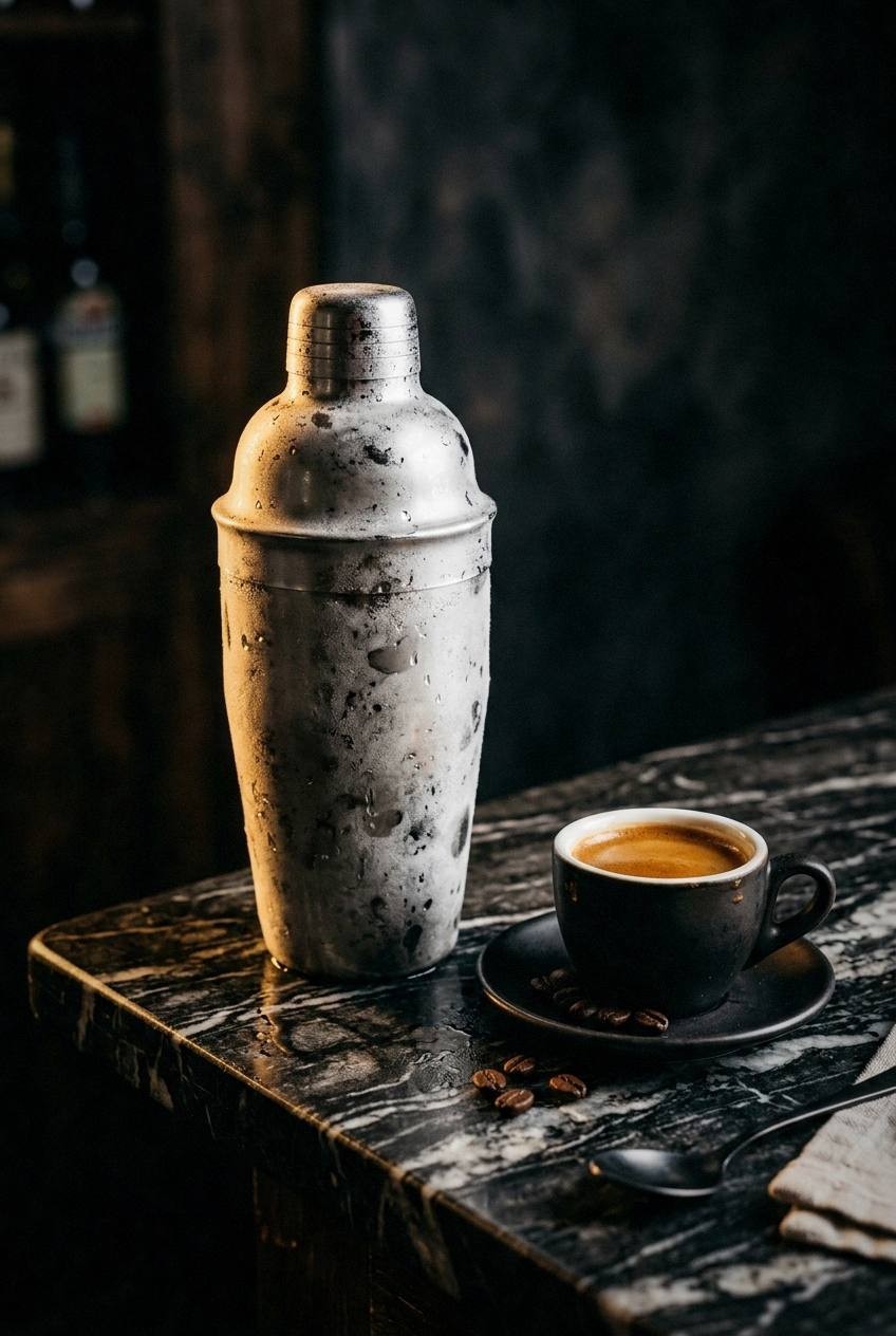 Cold brew coffee, non-alcoholic coffee liqueur, vanilla syrup, and espresso beans arranged on dark slate for a virgin espresso martini
