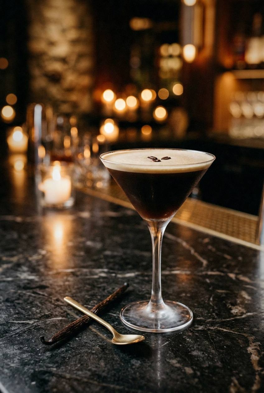 Rich espresso liquid being double-strained from a frosty shaker into a chilled martini glass