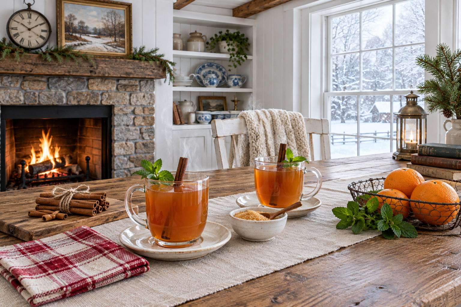 two glasses of warm cinnamon orange tea styled on a table with cinnamon sticks