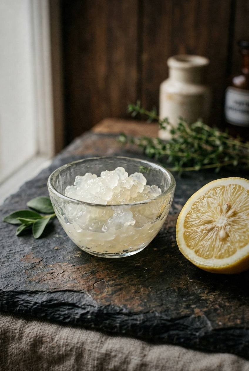 Translucent water kefir grains in a glass bowl surrounded by lemon slices, dried figs, cane sugar, and mason jars on dark slate