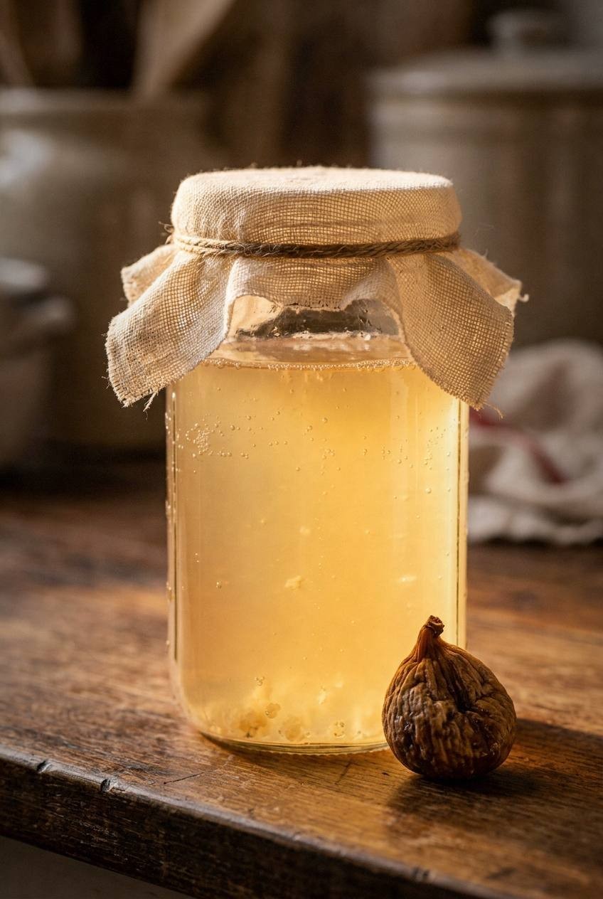 Quart mason jar of water kefir in first fermentation, pale golden liquid, covered with cheesecloth on dark wooden surface