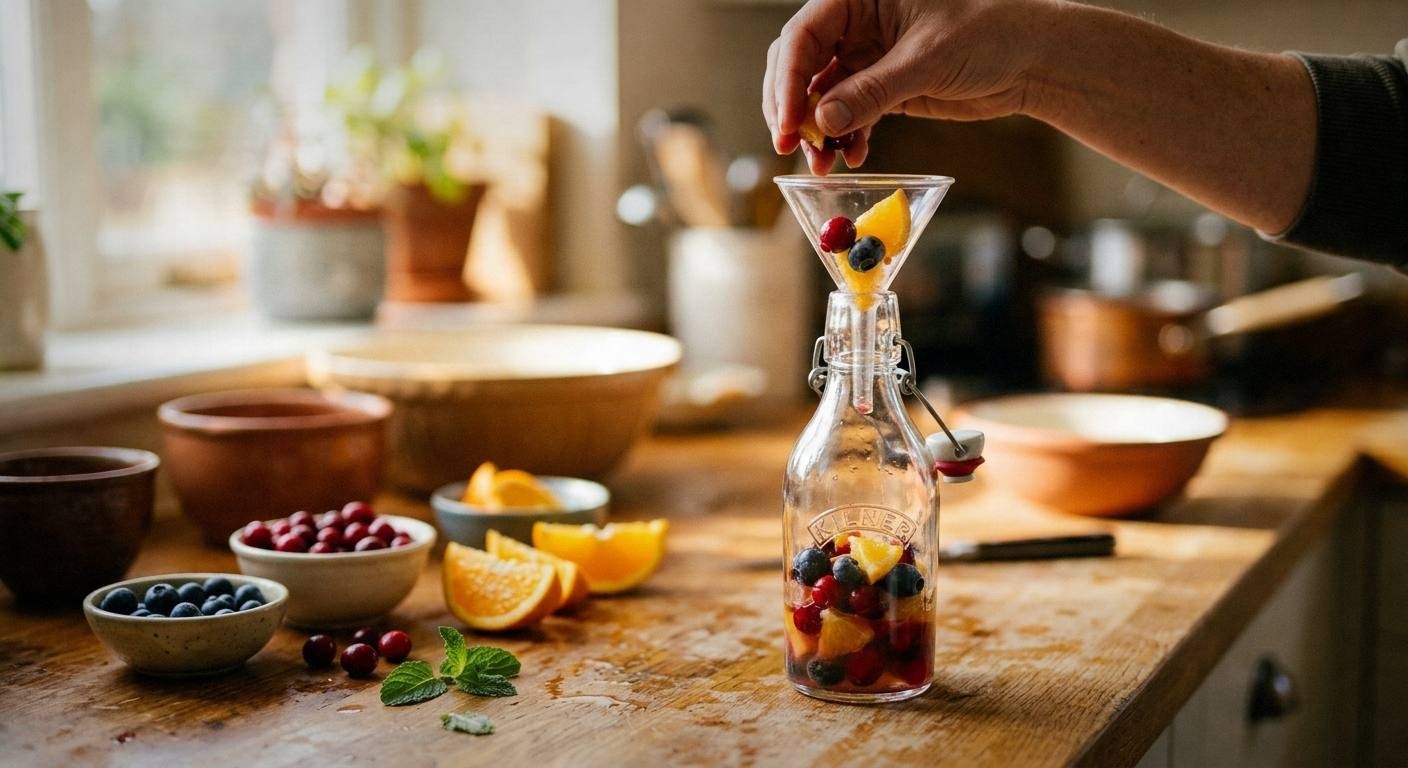 Glass of golden mango water kefir with visible carbonation bubbles and a thin slice of habanero beside the glass on white marble