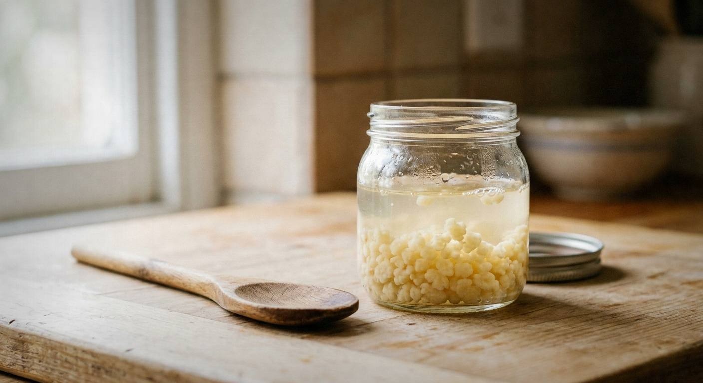 Water kefir grains in glass jar with filtered water, organic cane sugar, dried fig, and lemon slice on white marble countertop with spring light