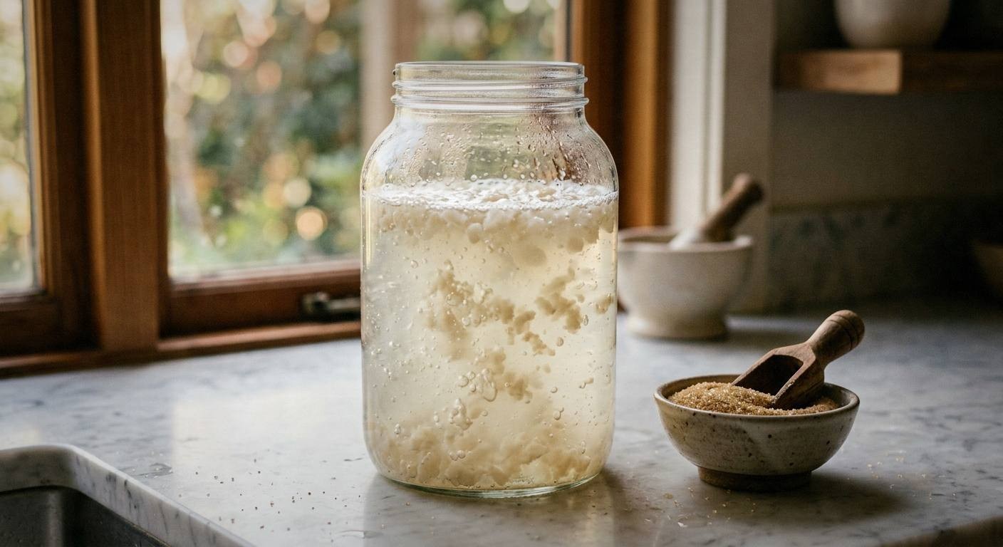 Hands straining water kefir grains through fine mesh strainer into glass measuring cup with cloudy fermented liquid and visible bubbles