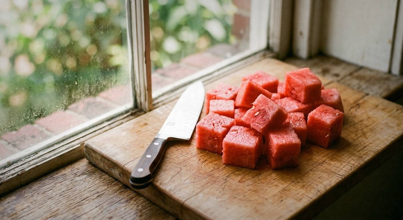 Fresh watermelon cubes, bright green mint leaves, and lime halves arranged on white marble countertop with condensation droplets, natural spring light