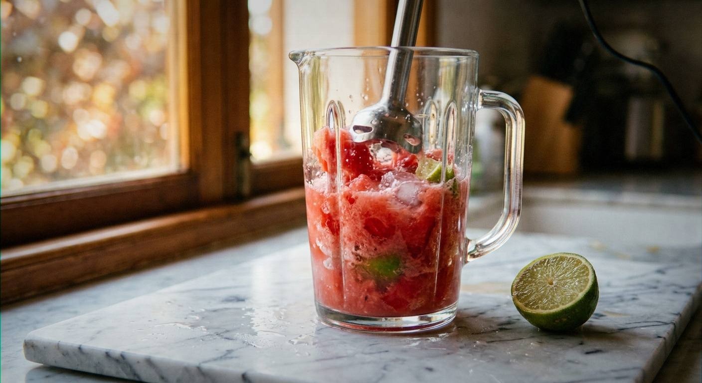 Blender filled with bright pink watermelon juice and green mint leaves being pulsed, kitchen counter with lime and ice nearby