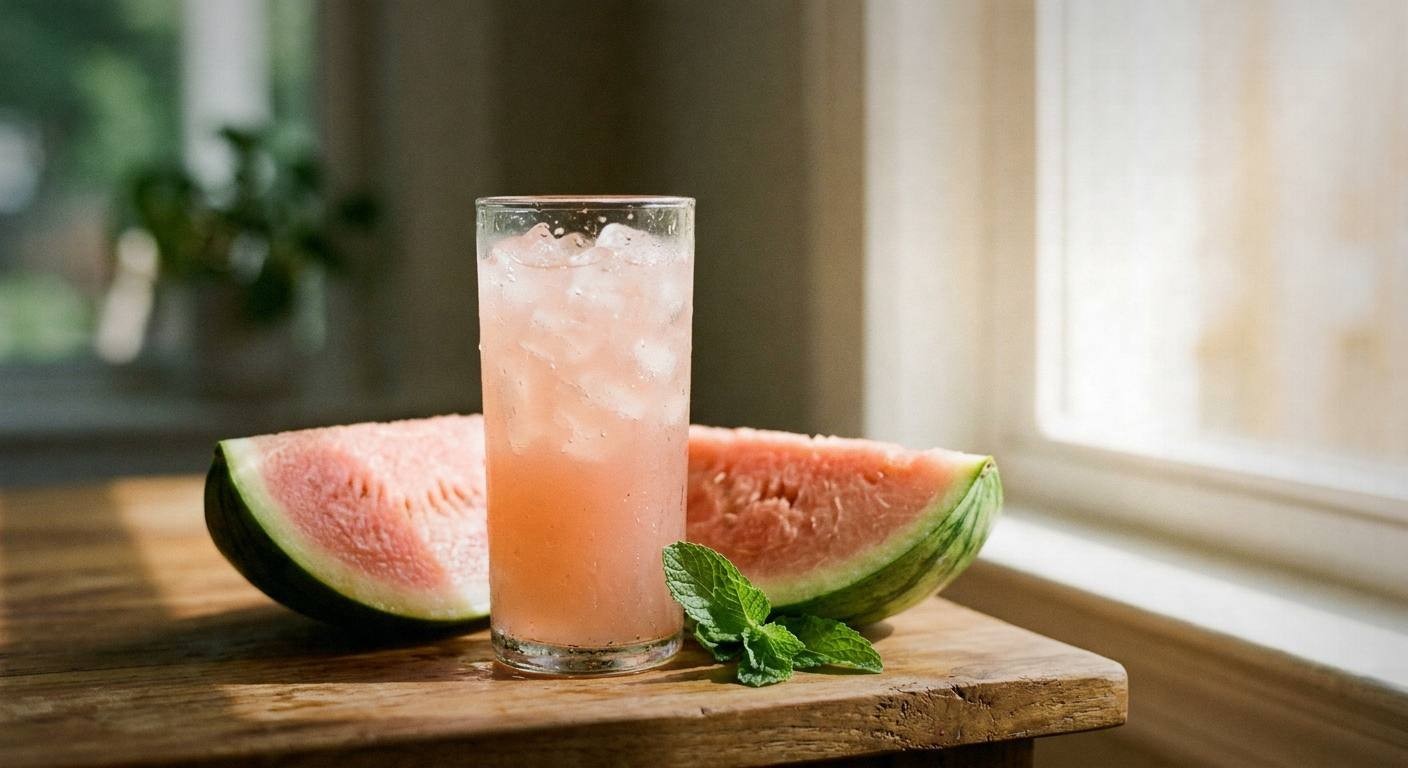 Two tall glasses filled with pink watermelon mint cooler, ice cubes visible, lime wheel and mint sprig garnish, condensation on glass exterior, outdoor patio table setting with bright natural light