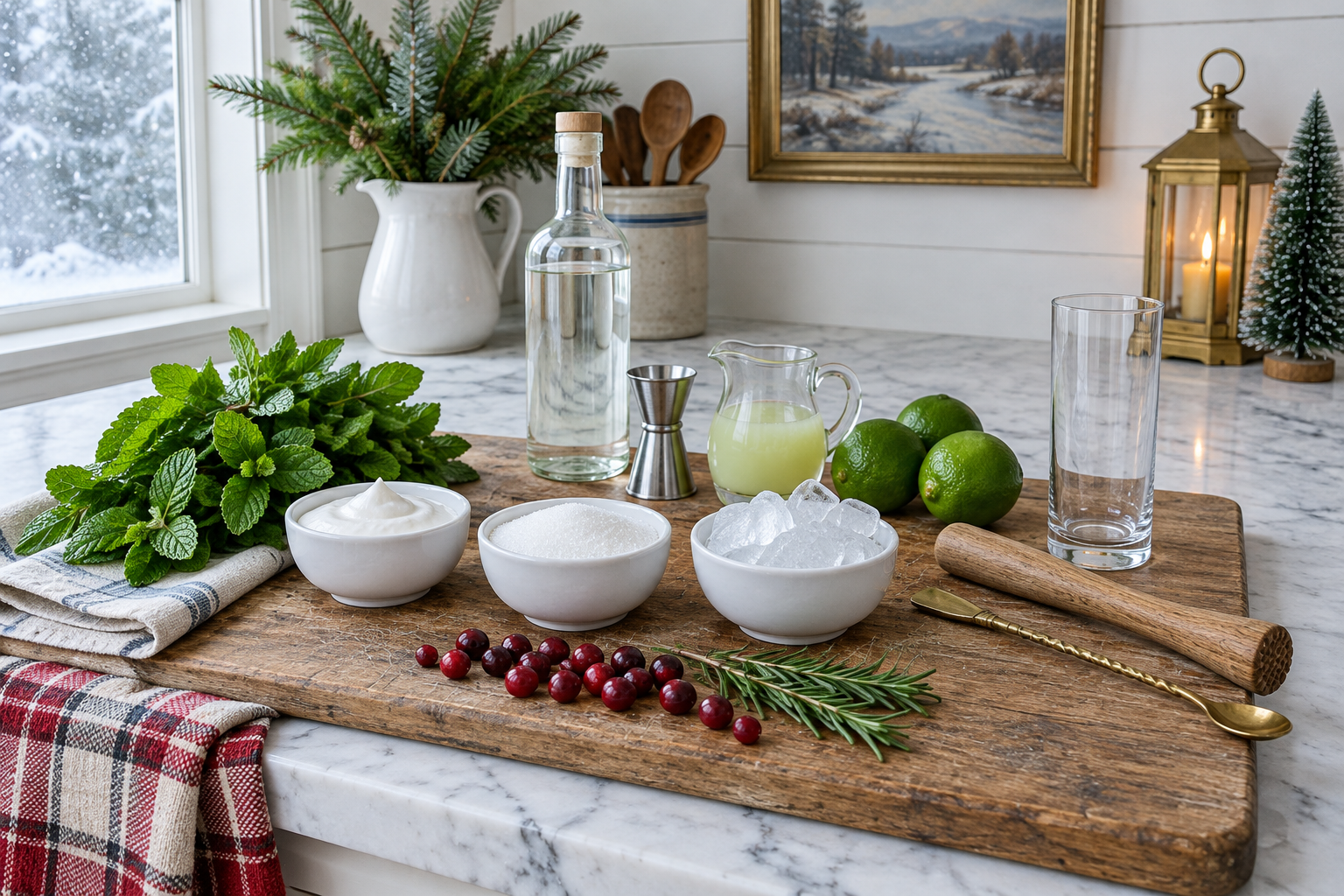 Coconut cream, white rum, fresh mint leaves, lime, sugar, and ice measured out on a counter
