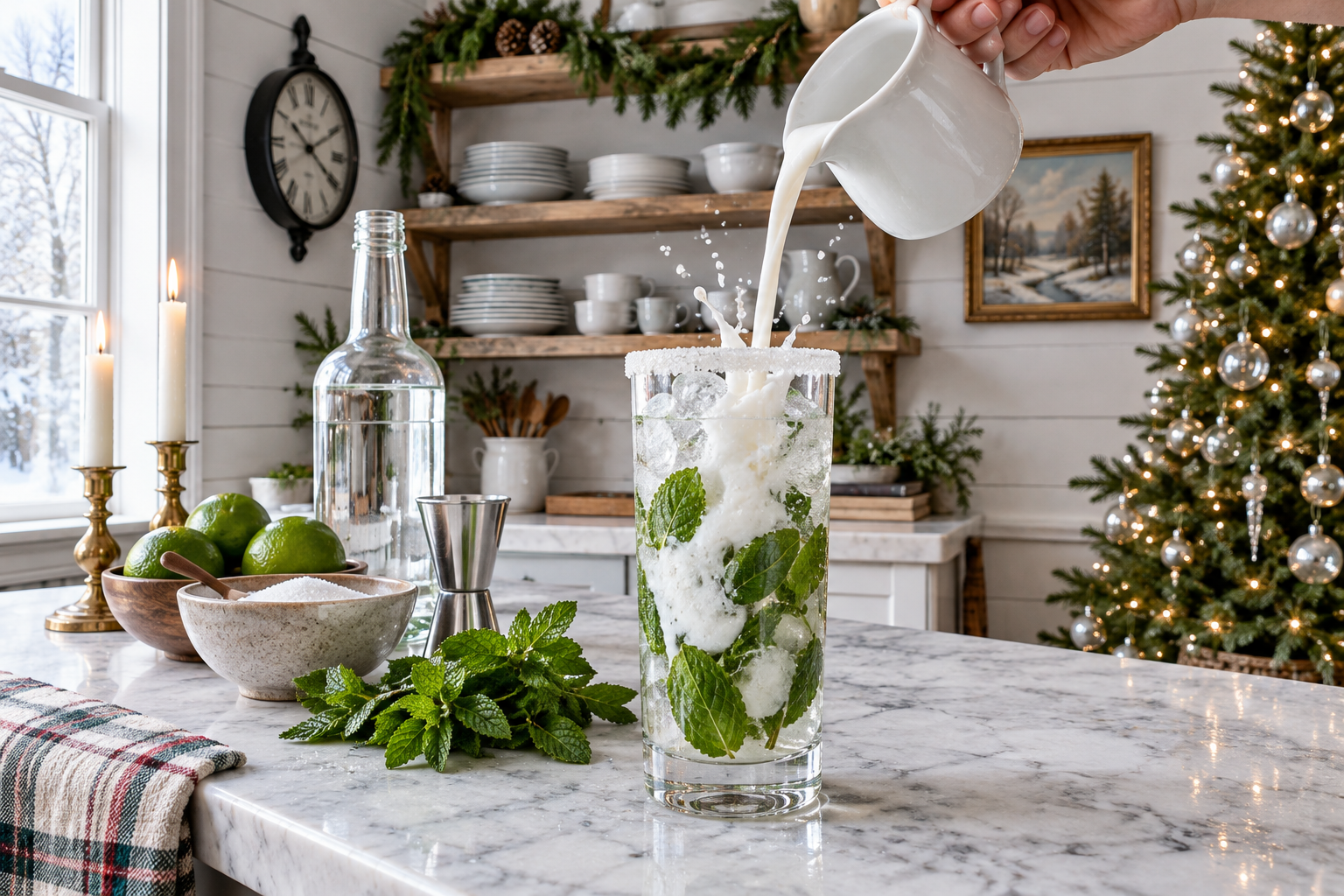 Blended coconut cream mixture being poured into a collins glass filled with muddled mint and ice