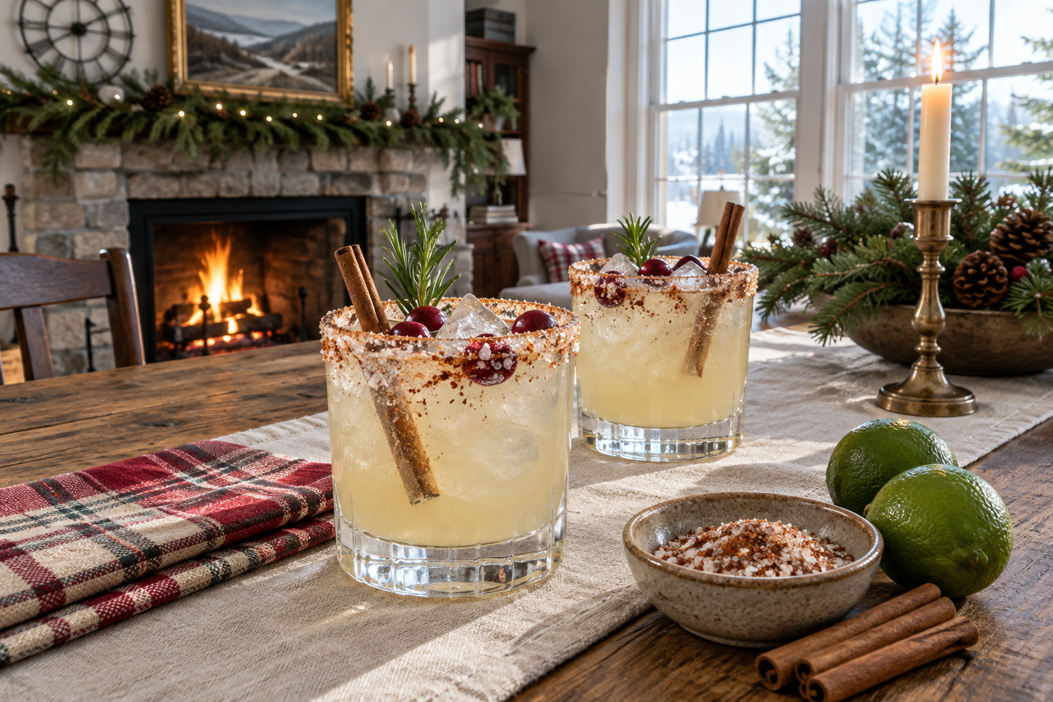 two winter spiced margaritas in rocks glasses with cinnamon stick and star anise garnishes