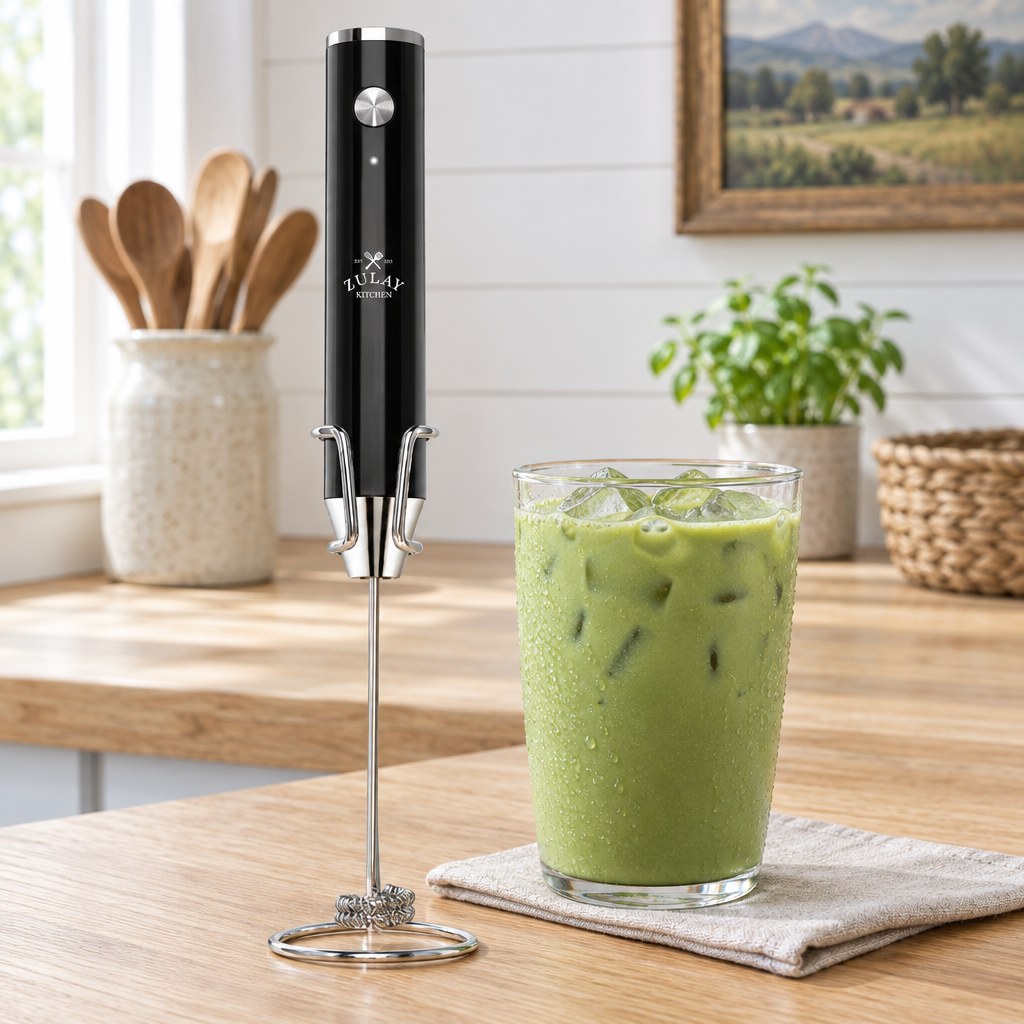 Black Zulay Kitchen Lux handheld milk frother in its stand beside an iced matcha latte